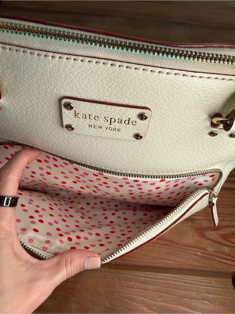 Kate Spade New York Pebbled Leather Purse Cream Top Handle Front Zip Pocket Bag